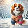 A cute dog in a winter wonderland, snowy landscape, wearing a warm winter coat, looking at the camera and smiling. Dimensions of 1792×1024 pixels.
